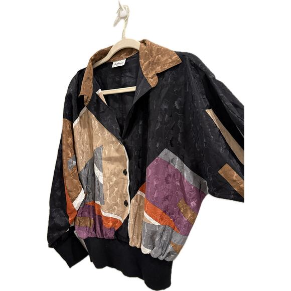 80s-90s Vintage Jamboree New York Windbreaker Black Brown White Dolman Jacket - Picture 3 of 5